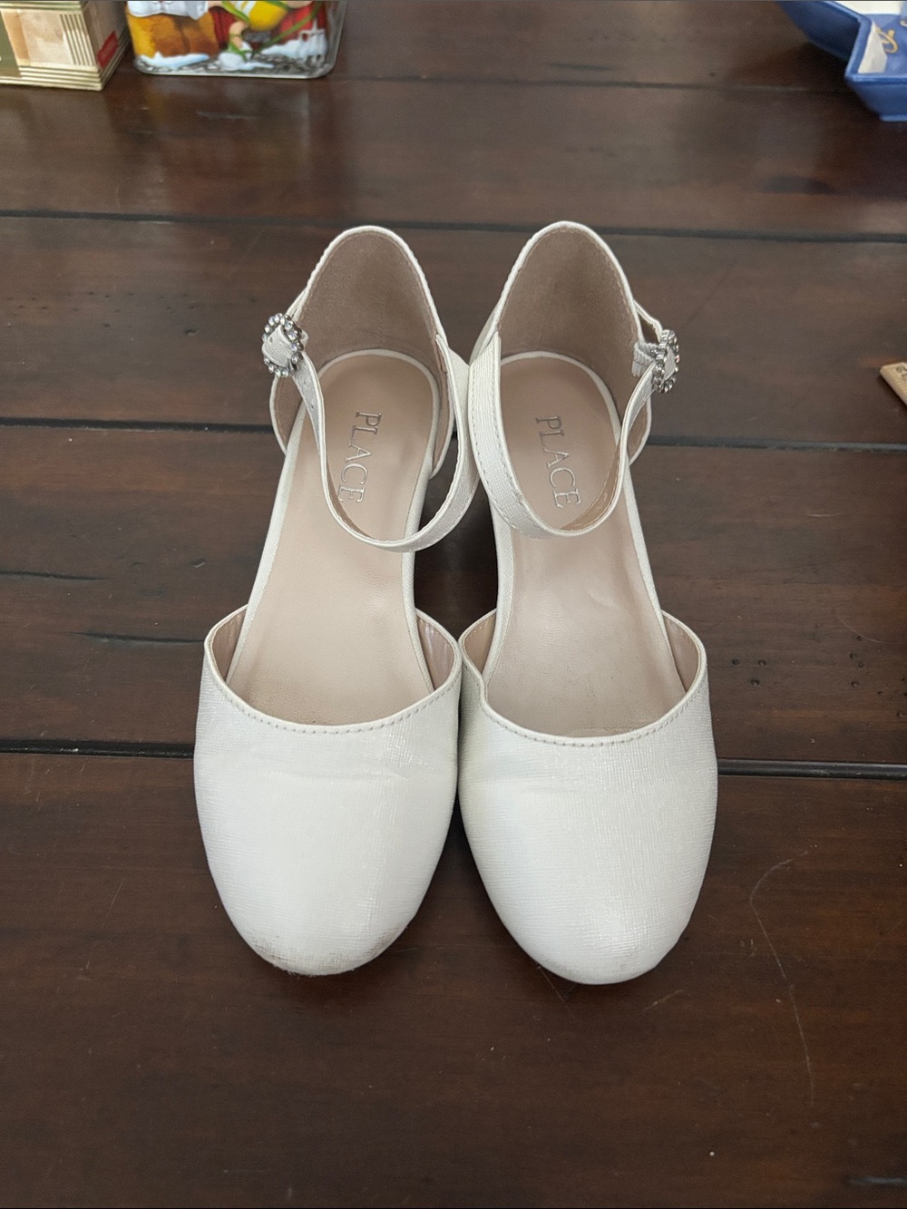 Place White Ankle-Strap Heels with Rhinestone Buckles
